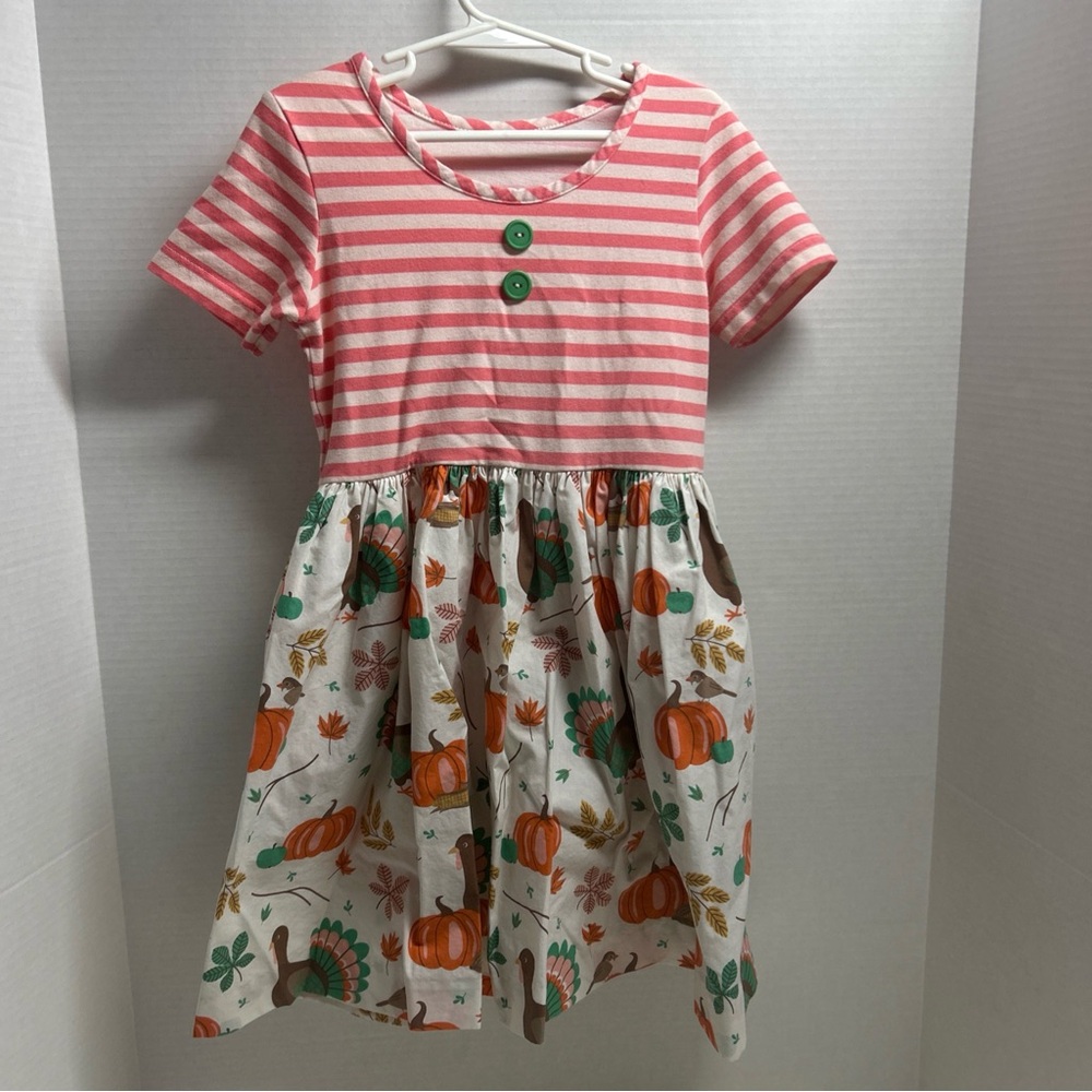 Eleanor Rose  Dress Size 6/7 Girls Striped Fall Harvest Pumpkins Turkeys